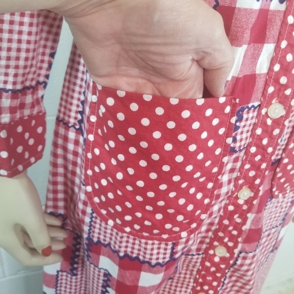 Vtg 70s red gingham plaid patchwork long sleeve maxi dress - Picture 10 of 13